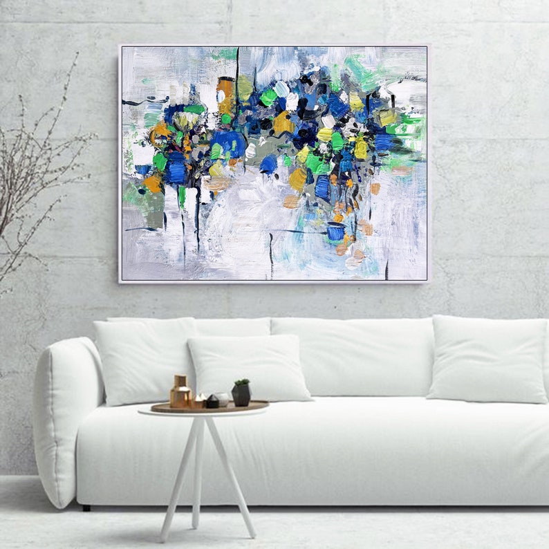 Original Teal Wall Art Abstract Painting On Canvas Abstract Gray Painting Custom Home Decor Multicolor Large Living Room Wall Art Gift Idea image 1