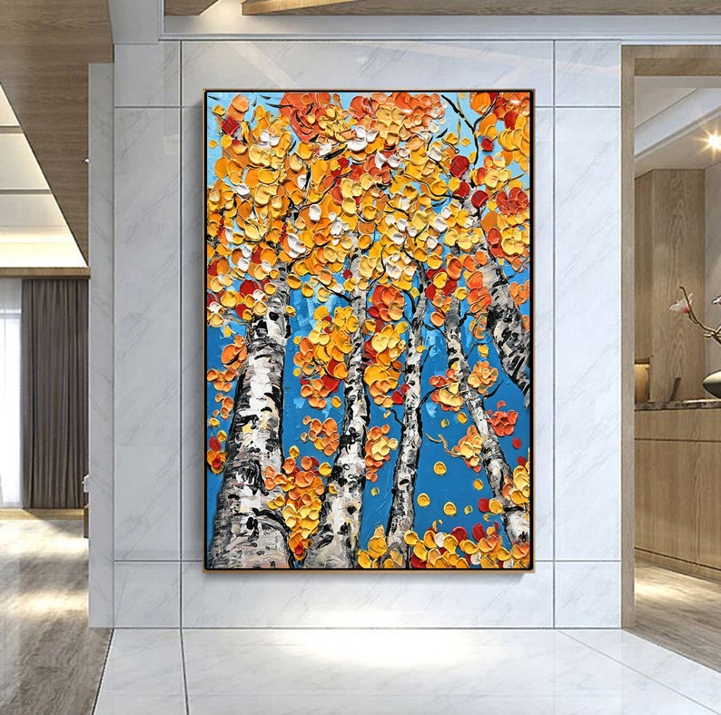 Peinture abstraite de bouleau sur toile rouge bleu jaune Aspen Forest Wall Peinture abstraite de bouleau sur toile bleu jaune art original image 1