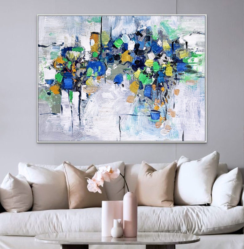 Original Teal Wall Art Abstract Painting On Canvas Abstract Gray Painting Custom Home Decor Multicolor Large Living Room Wall Art Gift Idea image 2
