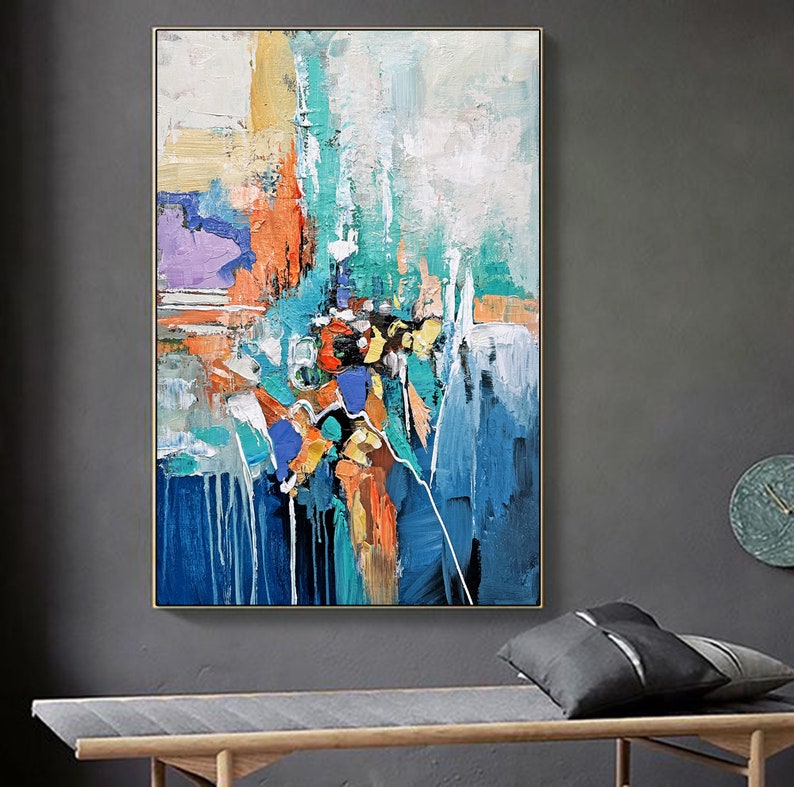 Abstract Wall Art Blue Teal Vibrant Abstract Painting on Canvas Green Blue Painting Large
