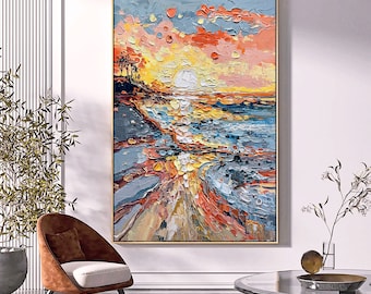 3D Original Large Abstract Sunrise Painting on Canvas Colorful Sun Art Textured Wall Art Boho Canvas Wall Art Living Room Art Sun Home Decor