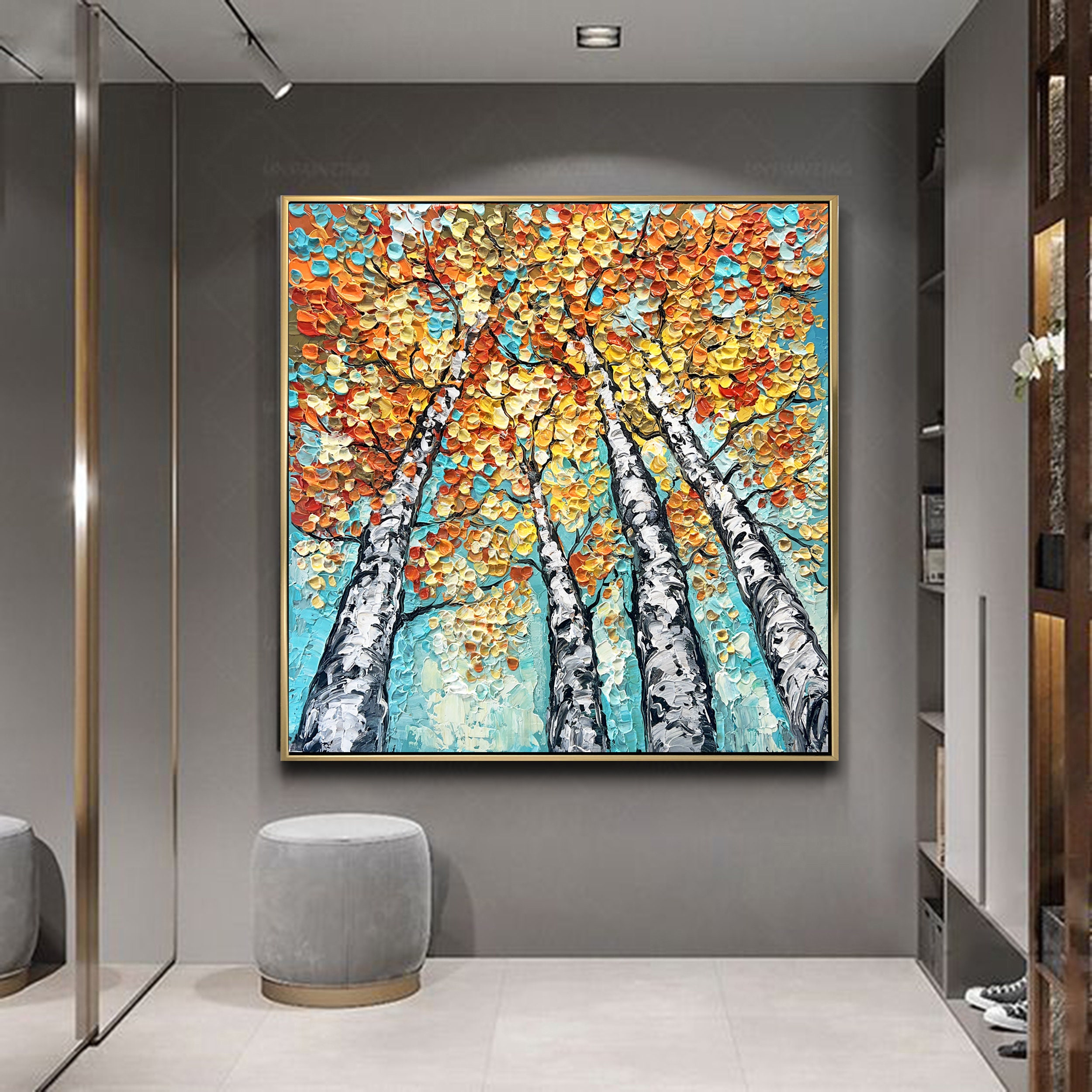 Birch Forest Trees Abstract Teal Yellow Painting on Canvas Modern