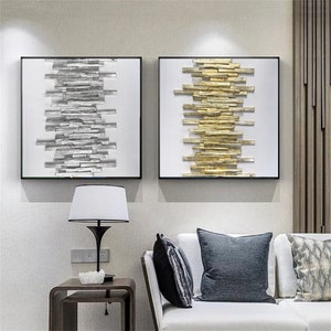 Or blanc feuille d’argent Art mural 3D texturé panneau en bois peinture ensemble de 2 Art mural blanc Art scandinave moderne décor à la maison contemporain