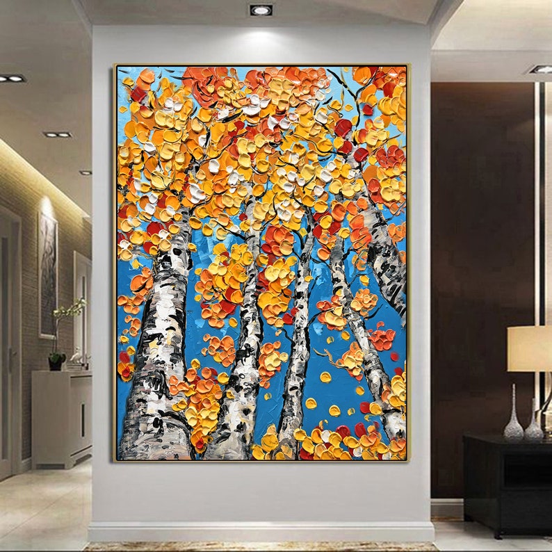 Peinture abstraite de bouleau sur toile rouge bleu jaune Aspen Forest Wall Peinture abstraite de bouleau sur toile bleu jaune art original image 4