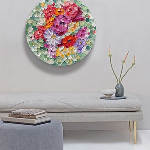 Abstrakte Blüten-Wildblumen-Acrylgemälde auf runder Leinwand, Wandkunst, originelle bunte Blumenkunst auf runder Leinwand, Gemälde, Geschenkidee, Dekoration Bild 3