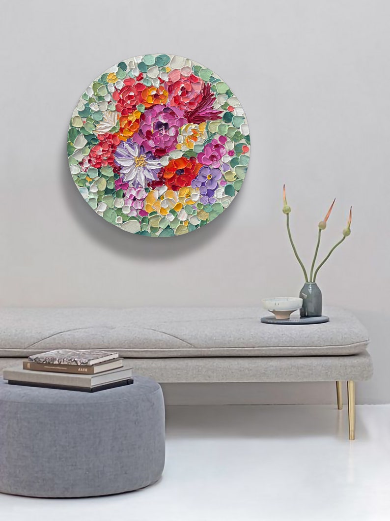 Abstrakte Blüten-Wildblumen-Acrylgemälde auf runder Leinwand, Wandkunst, originelle bunte Blumenkunst auf runder Leinwand, Gemälde, Geschenkidee, Dekoration Bild 3