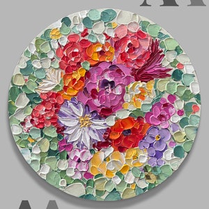 Abstrakte Blüten-Wildblumen-Acrylgemälde auf runder Leinwand, Wandkunst, originelle bunte Blumenkunst auf runder Leinwand, Gemälde, Geschenkidee, Dekoration Bild 2