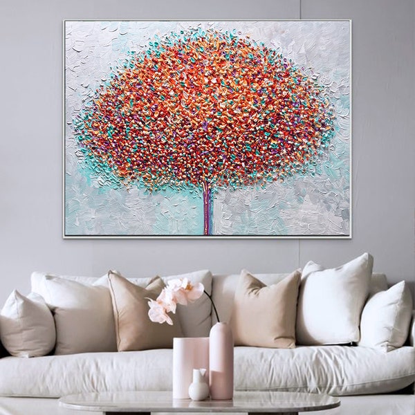 Grande tour en fleurs arbre peinture sur toile abstrait coloré arbre œuvre multicolore décoration murale décor à la maison décor vibrant salon art