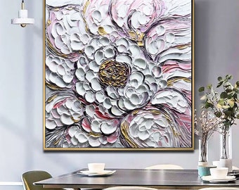 Impresionante peonía pared arte textura original gran pintura floral oro rosa texturizado arte elegante pintura de peonía blanca sobre lienzo arte de la sala de estar