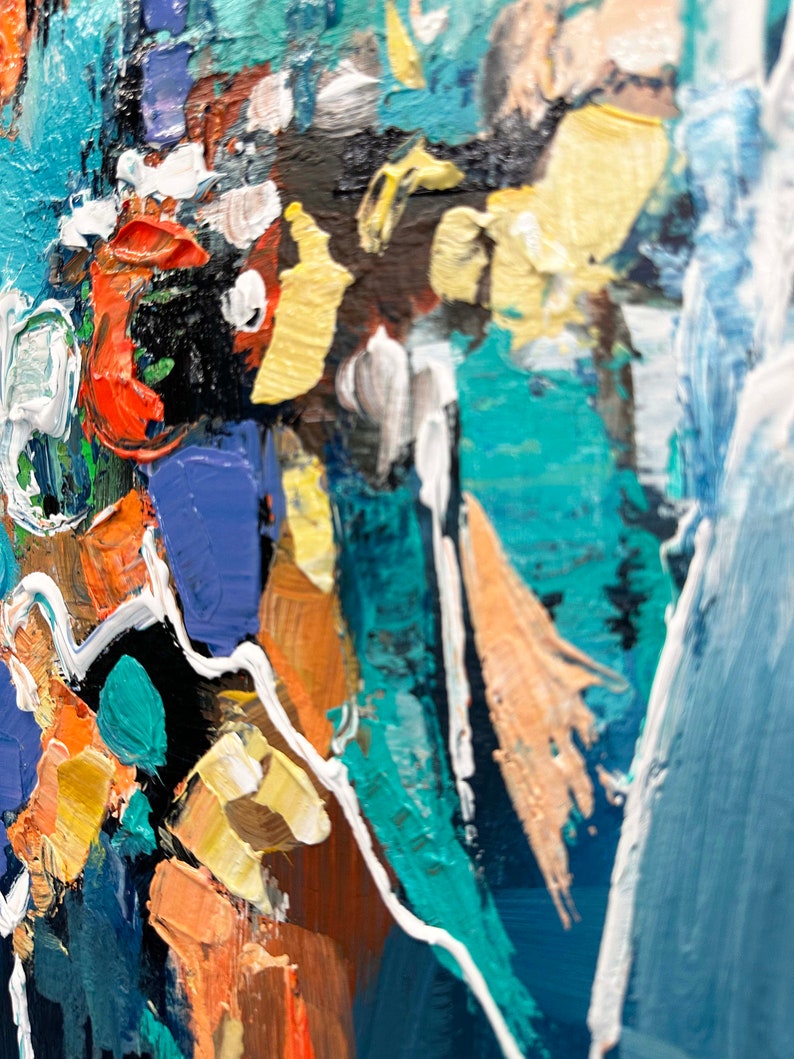 Abstract Wall Art Blue Teal Vibrant Abstract Painting on Canvas Green Blue Painting Large