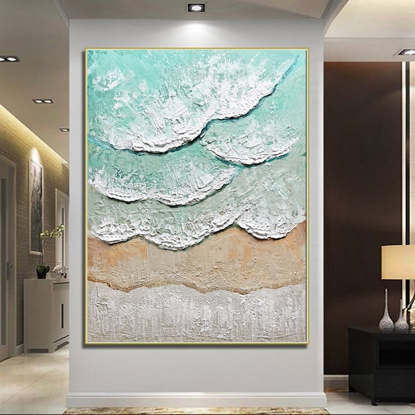 Original Ocean Wave Painting on Canvas Custom Blue Green Textured Wall Art Large Abstract Beach Painting Modern Home Decor Living Room Decor