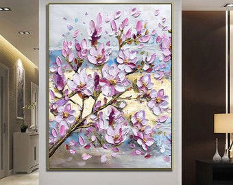 Original Pink Magnolia Gold Leaf 3D Painting Handmade Flowers Textured Painting Acrylic Abstract Painting Wall Decor Minimal Living Room