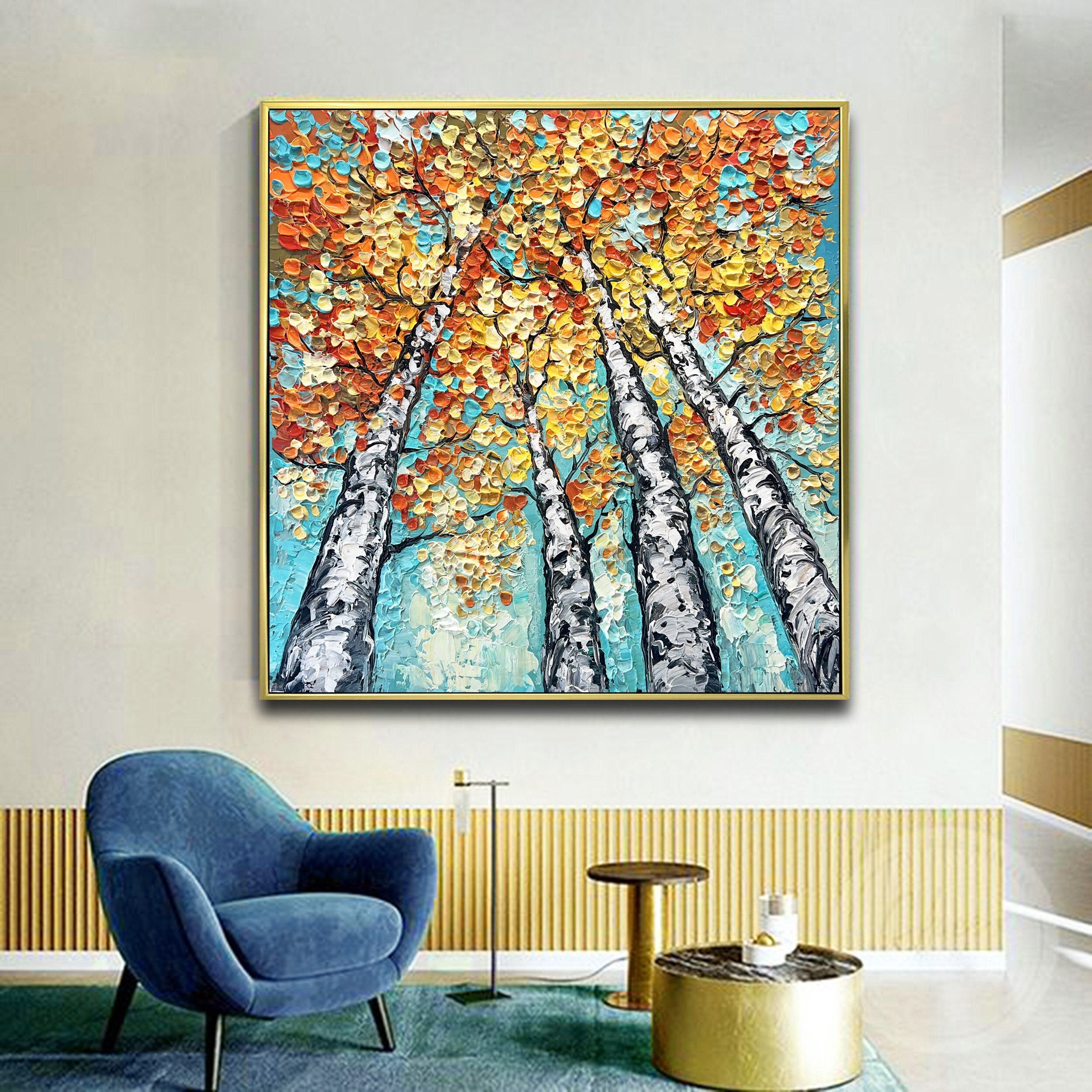 Birch Forest Trees Abstract Teal Yellow Painting on Canvas Modern