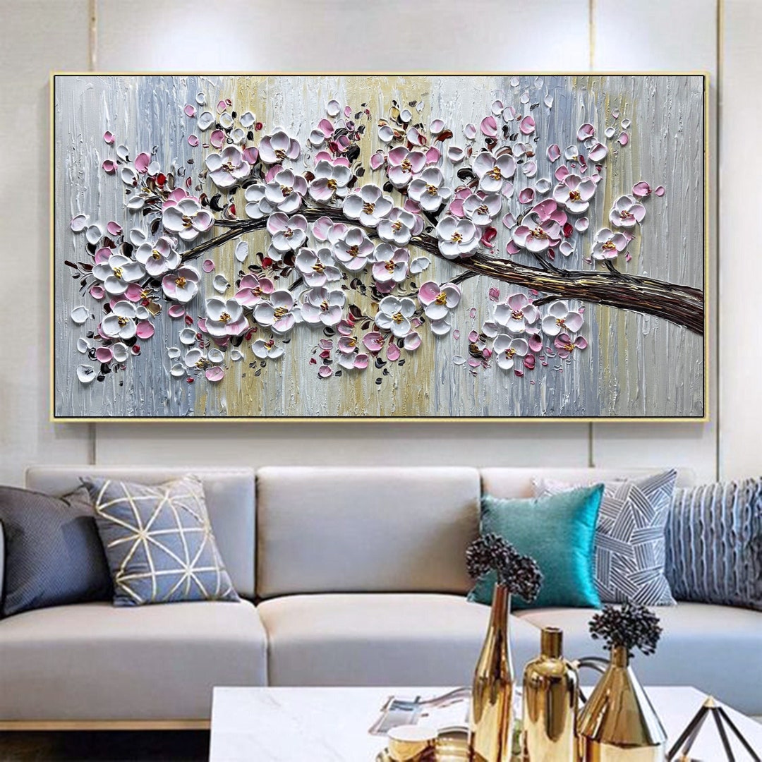 Original Pink Cherry Blossom Acrylic Painting on Canvas Modern Blooming ...