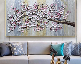 Original Pink Cherry Blossom Acrylic Painting On Canvas Modern Blooming Flower Painting Custom Living room Home Decor Large Texture Wall Art