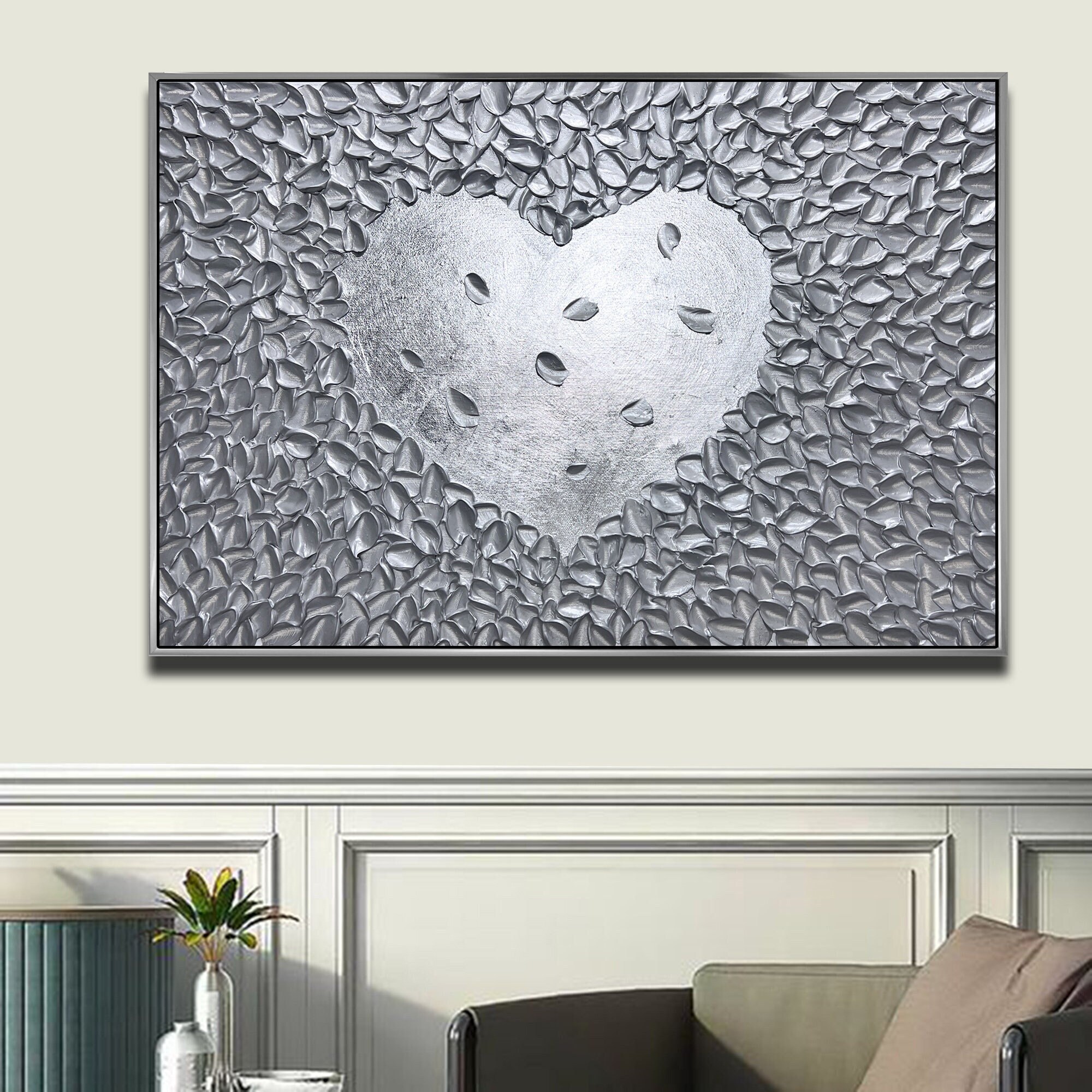 3D Silver Wall Art Texture Heart Painting Valentine's Gift Silver Decor ...