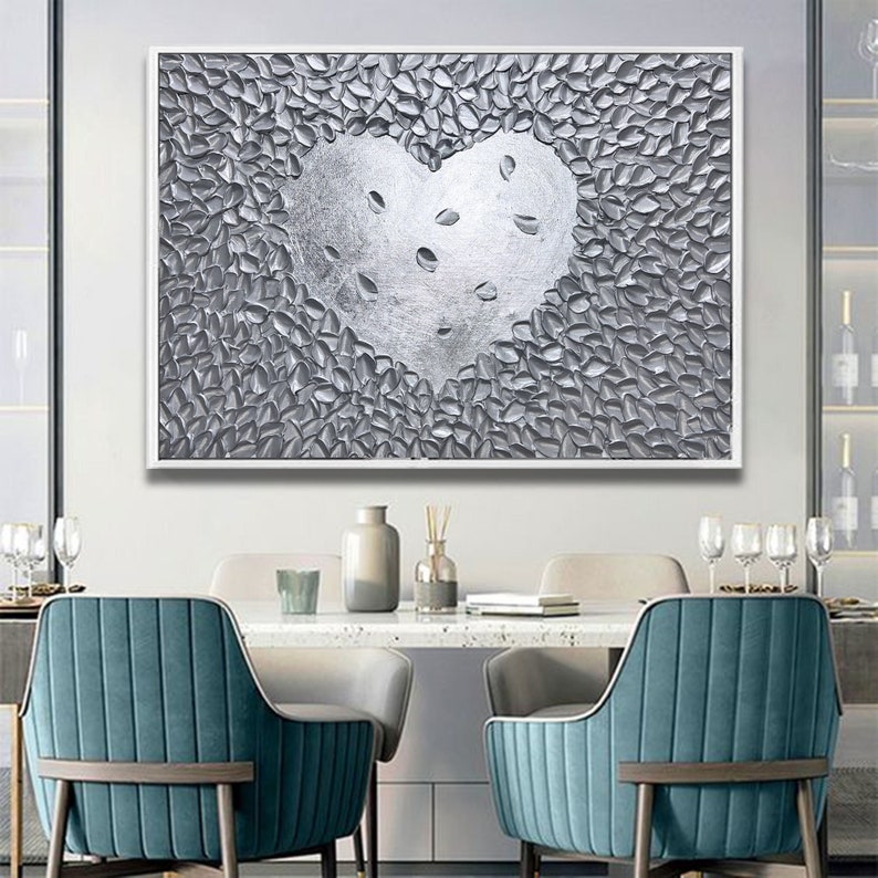 3D Silver Wall Art Texture Heart Painting Valentine's Gift Silver Decor ...