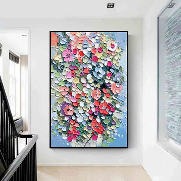 3D Original Flower Abstract Painting on Canvas Creamy Textured Wall Art Floral Art Living Room Wall Art Gift For Her Wildflowers Painting