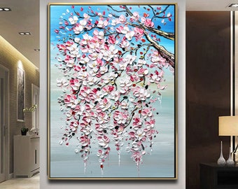 Blühender Magnolienbaum Gemälde auf Leinwand Magnolienzweig Frühlingsblumen Blühender Garten Original Baumkunst Blühender Zweig Wohnzimmer Dekor