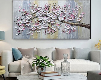 Originele roze kersenbloesem Acryl schilderij op canvas moderne bloeiende bloem schilderij aangepaste woonkamer Home decor grote textuur kunst aan de muur