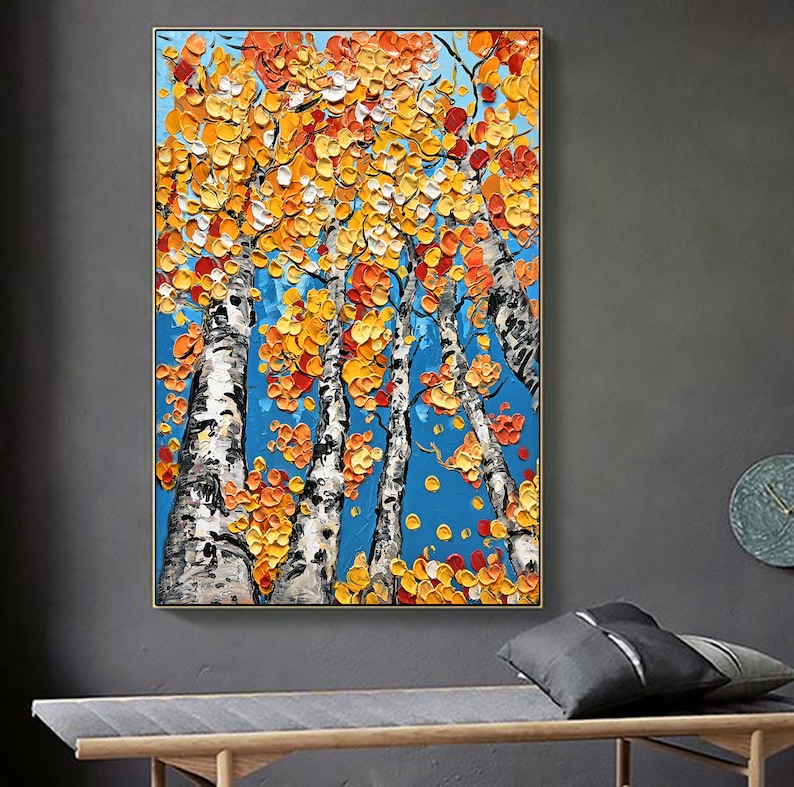 Peinture abstraite de bouleau sur toile rouge bleu jaune Aspen Forest Wall Peinture abstraite de bouleau sur toile bleu jaune art original image 3