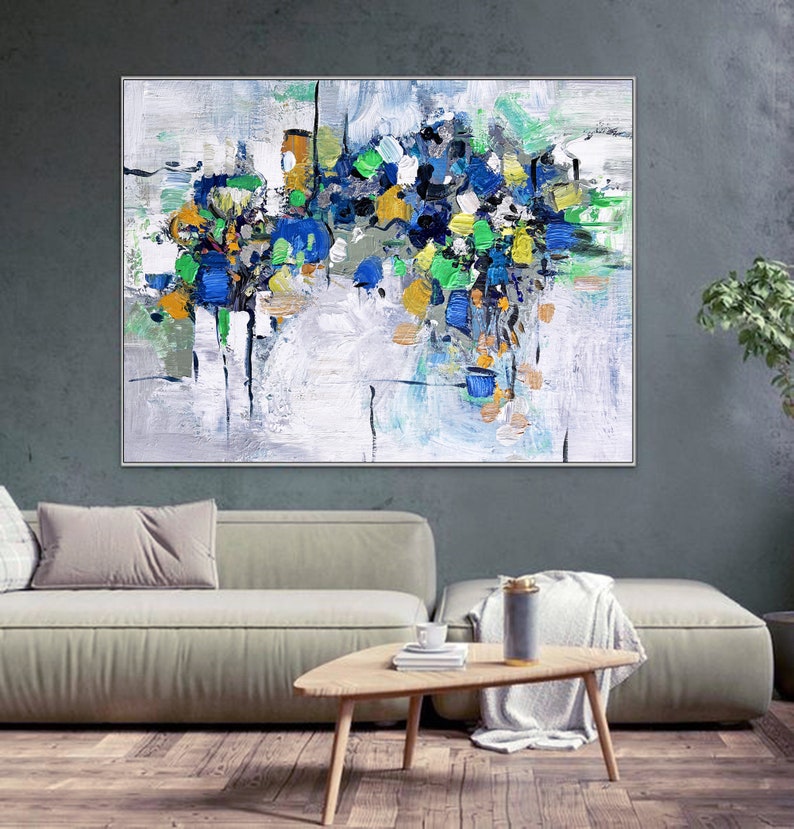 Original Teal Wall Art Abstract Painting On Canvas Abstract Gray Painting Custom Home Decor Multicolor Large Living Room Wall Art Gift Idea image 6