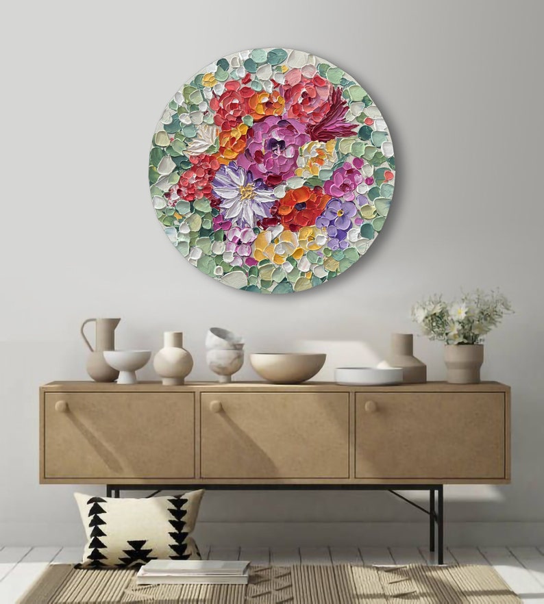 Abstract Blossom Wildflowers Colorful Acrylic Painting On Round Canvas  Wall Art Original Colorful Floral Art on Round Canvas Painting Gift Idea Decor