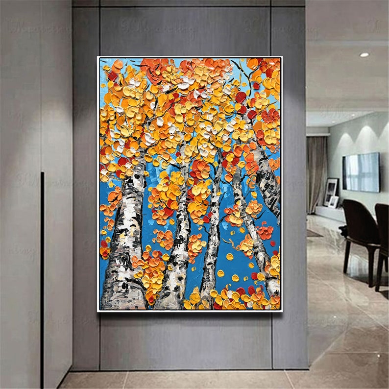 Peinture abstraite de bouleau sur toile rouge bleu jaune Aspen Forest Wall Peinture abstraite de bouleau sur toile bleu jaune art original image 2