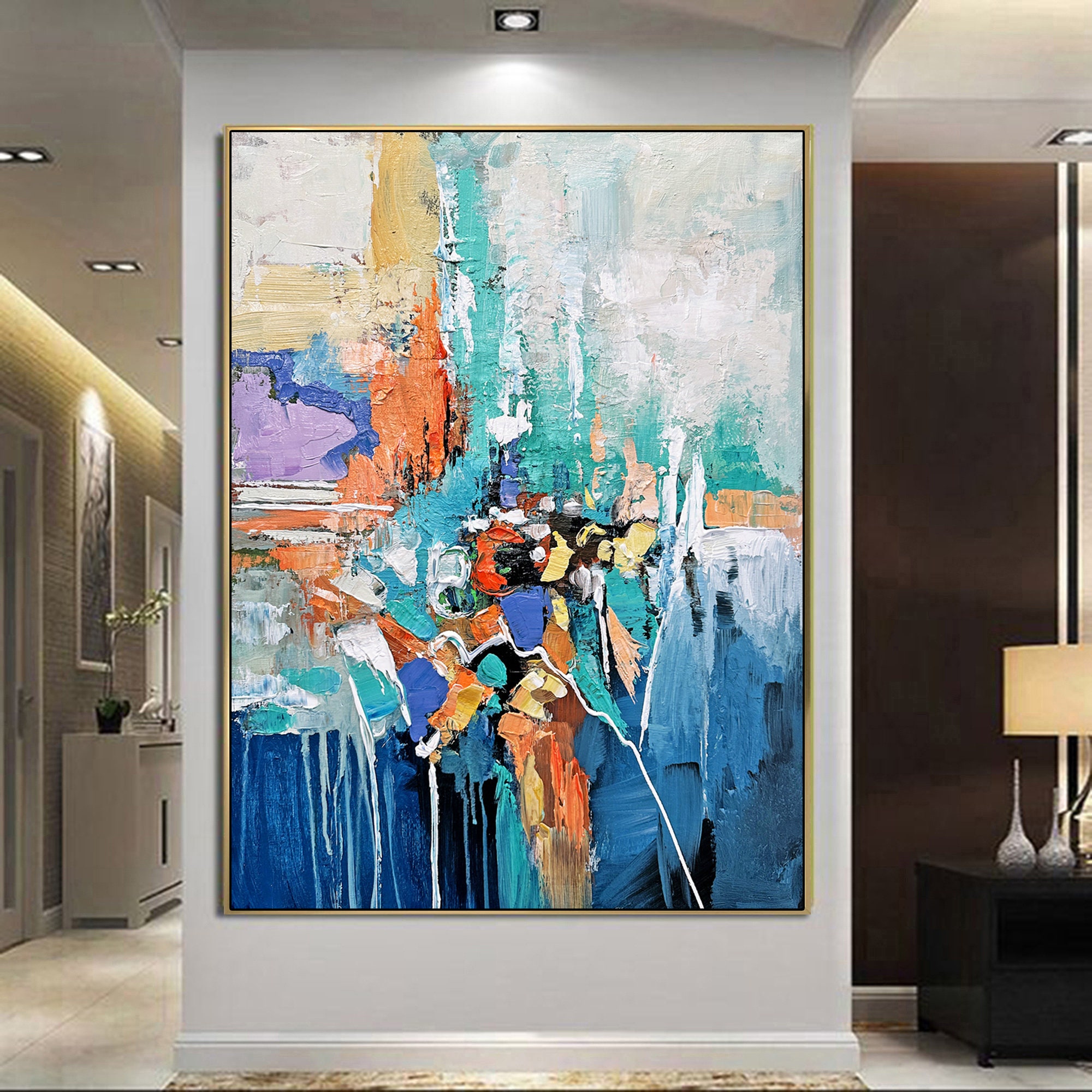 Abstract Wall Art Blue Teal Vibrant Abstract Painting on Canvas Green Blue Painting Large