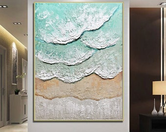 Peinture originale de vague d’océan sur toile personnalisée bleu vert texturé art mural grande peinture de plage abstraite décor de maison moderne décor de salon