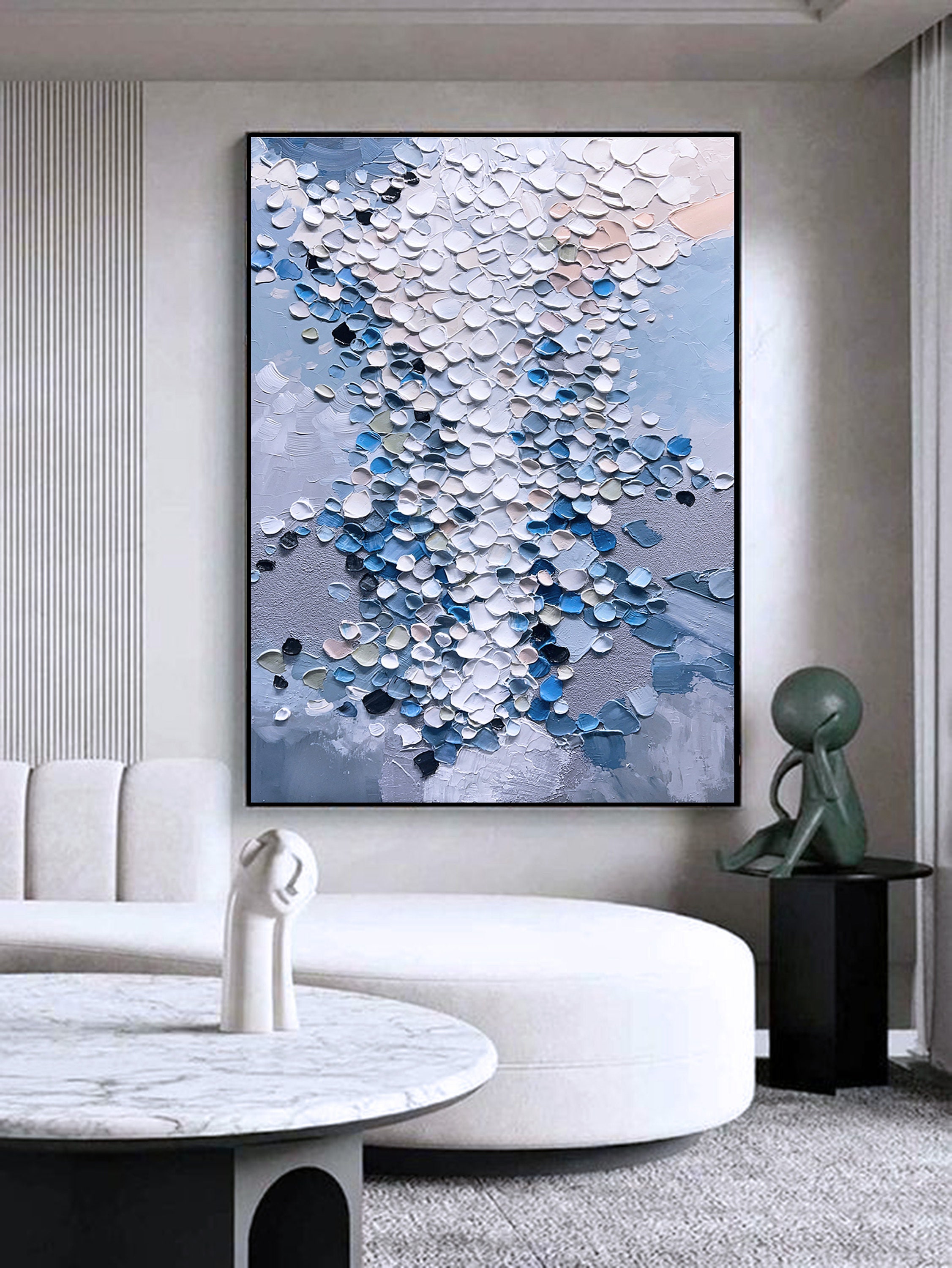 Gray and Blue Wall Art Gray 3D Large Abstract Textured Painting on