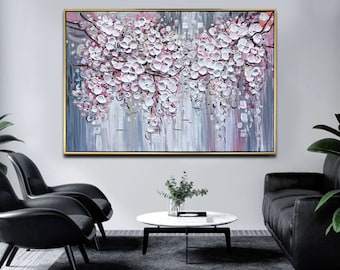 3D Spring Blooming Pink White Cherry Blossom Acrylic On Canvas Romantic Floral Art Texture Wall Hanging Painting Home Decor Customized Gift