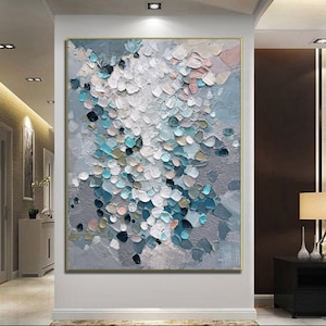 Pintura abstracta original en azul y gris, arte en lienzo gris extragrande, arte texturizado contemporáneo, arte de pared minimalista, decoración para sala de estar