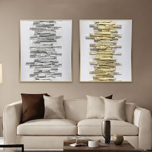 Or blanc feuille d’argent Art mural 3D texturé panneau en bois peinture ensemble de 2 Art mural blanc Art scandinave moderne décor à la maison contemporain
