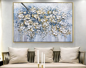 3D Abstract White Cherry Blossom Tree Acrylic Painting Textured Gold Floral Landscape Modern Palette Knife Painting Wall Art Bedroom Decor