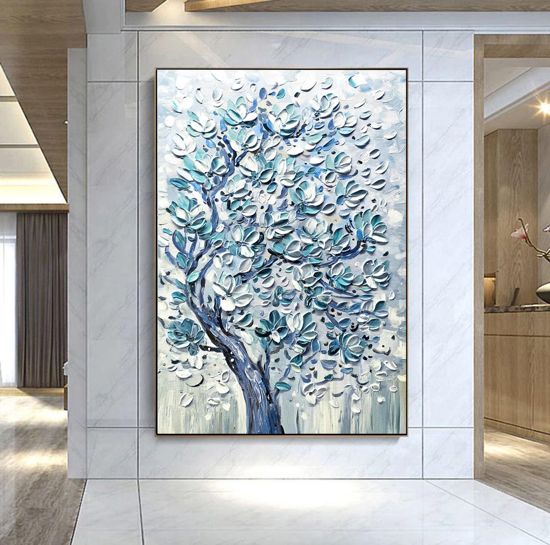 Serenity Tree - Blue Textured Tree Painting 3D Tree Wall Art Floral ...