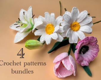 Paquete de patrones de flores de ganchillo: amapola, lirio, tulipán, margarita (patrón en PDF)