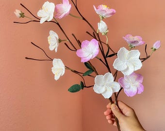Handmade Crochet Cherry Blossom Branch, Cotton Sakura Floral Arrangement