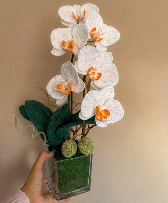 Handmade Crochet Orchid Arrangement – Realistic Phalaenopsis Moth Orchids Art Floral Decor