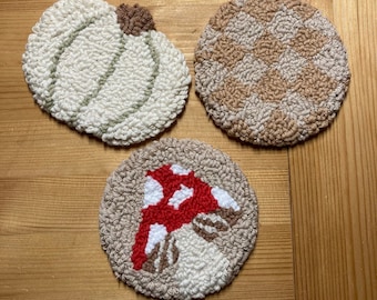 Cute Cosy Autumn Themed Punch Needle Mug Rug Coaster   -Assorted Handmade Tufted Fall Mushroom Toadstool Neutral Checkerboard Pumpkin Decor