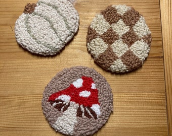 Cute Cosy Autumn Themed Punch Needle Car Coaster -Assorted Handmade Tufted Fall Mushroom Toadstool Neutral Checkerboard Pumpkin Accessories