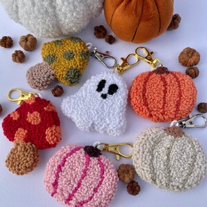 May include: A set of six crocheted keychains featuring a variety of autumnal themes, including pumpkins, mushrooms, and a ghost. The keychains are made with colourful yarn and have a whimsical, handmade look.