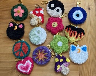 Punch Needle Key Ring- Assorted Handmade Funky Tufted Chain Clips Y2K Heart Flower Mushroom Evil Eye Yin Yang Celestial Cat Peace Sign Flame