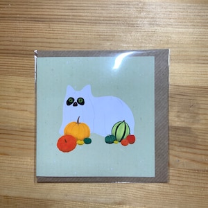 Cute Ghost Cat Halloween Greetings Card / Square Blank Note Card with Cute Pumpkins & Black Kitty in Costume for Fall/ Autumn
