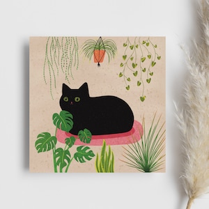 Cute Loaf Cat House Plant Digital Illustration Art Print- Square Colourful Picture with Succulents, Plants, Monsterra, Black Cats Boho