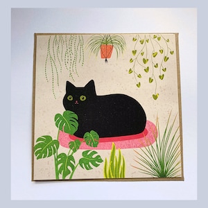 Carte de voeux carrée Black Loaf Cat / Carte de correspondance vierge avec une jolie illustration de Kitty et de plantes