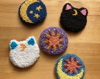 Celestial Whimsy Goth Car Coasters - 2 Handmade Punch Needle Astronomy Sun Moon Stars Black Cat Space Themed Mug Rugs Accessories Decor Gift