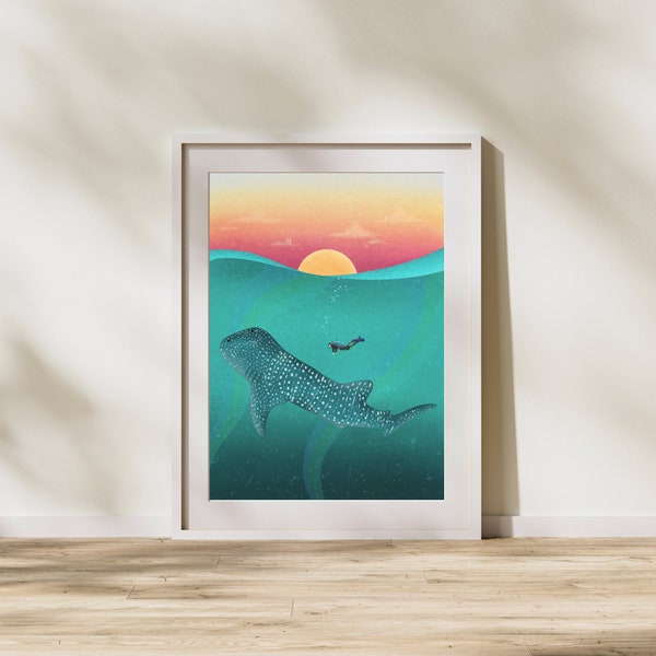 Whale Shark A4 or A5 Digital Illustration Art Print - Colourful Bright Calming Marine Sea Picture of Scuba Diver With Sunset Ocean Swimming