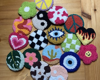 Punch Needle Car Coasters - Two Handmade Embroidered Fabric Tufted Funky Check Heart Peace Swirl Cow Yin Yang Y2K Mug Rug Accessories Decor