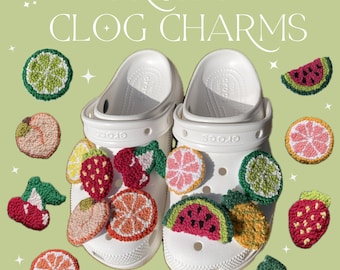 Fruit Handmade Punch Needle Clog Charms- Assorted Embroidered Fruit Accessories Peach Watermelon Lemon Orange Grapefruit Strawberry Banana